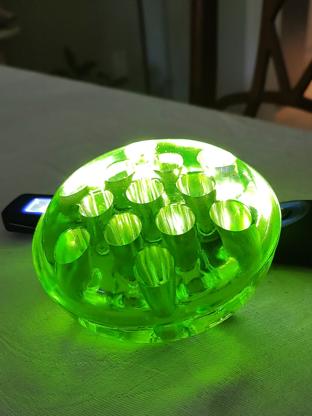 Vintage Antique Green Uranium Glass Flower Frog Floral Arrangement